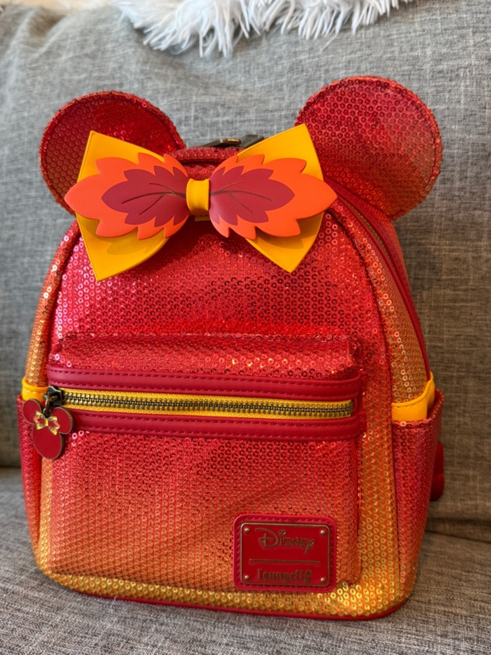 Loungefly Red and Yellow Sequin Backpack with Bow Ears